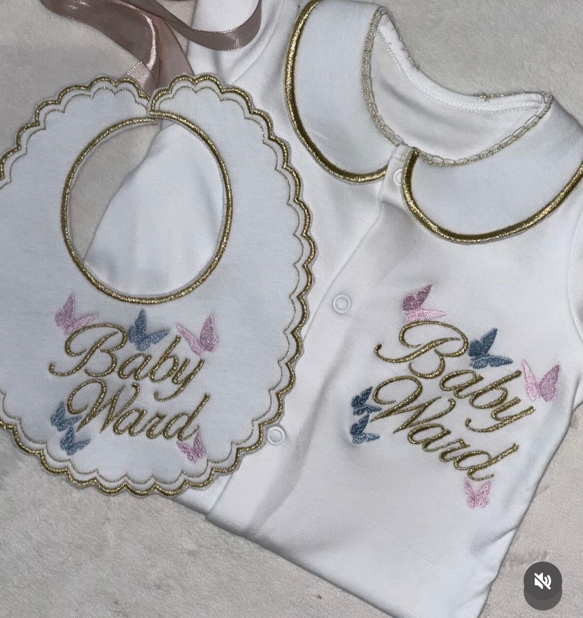 Gold Butterfly Scallop Bib and Babygrow